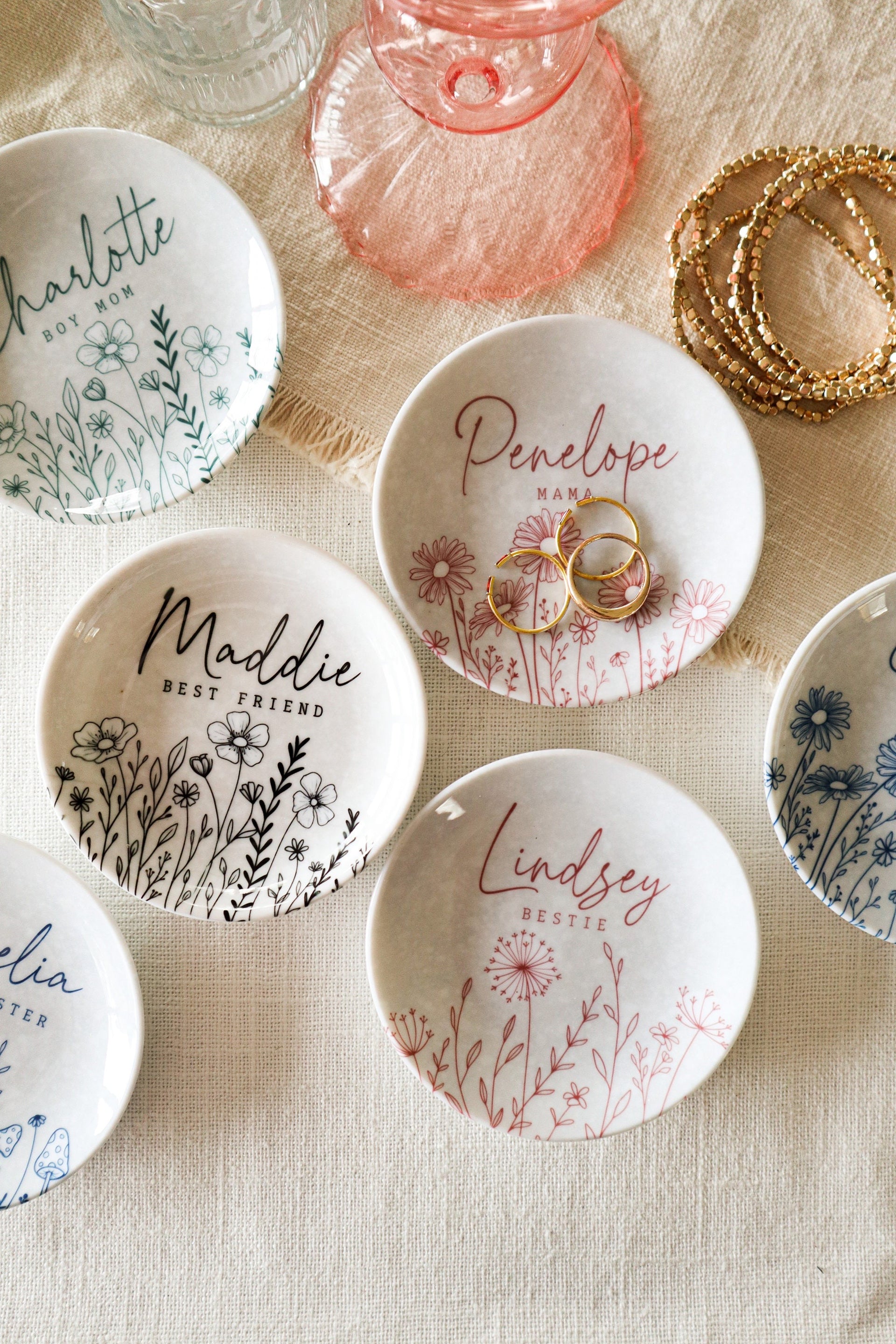 Personalized Wildflower Jewelry Dish, Custom Ceramic Ring Dish, Bridesmaid Gift