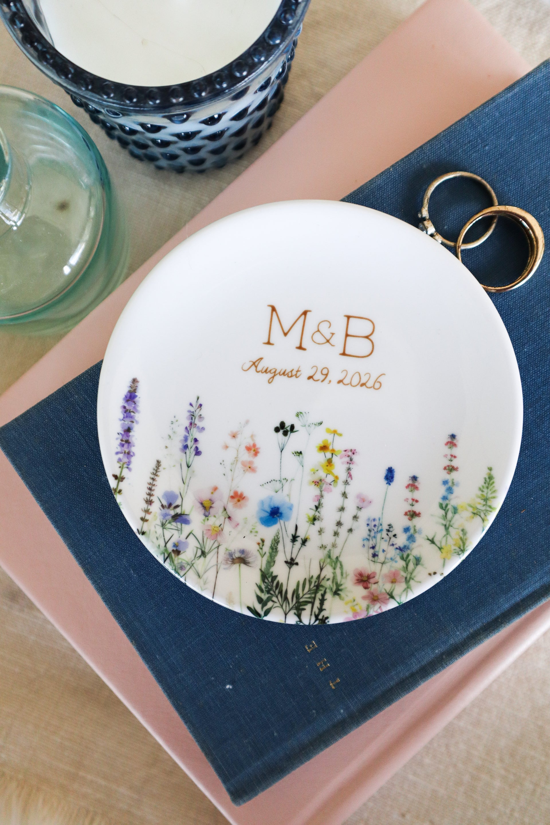 Personalized Wedding Jewelry Dish, Custom Wildflower Ring Holder With Initials and Date for Couple