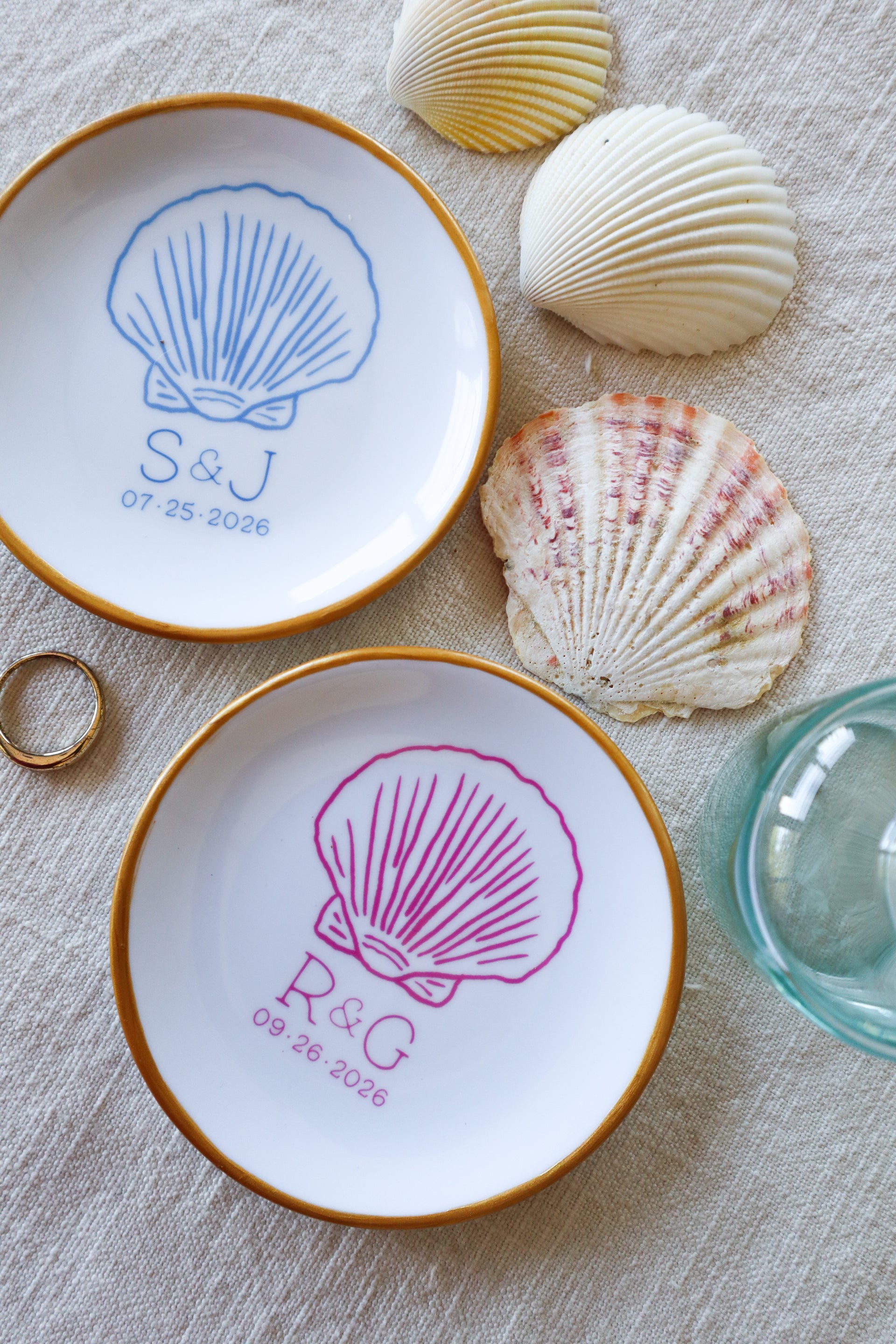 Personalized Nantucket Seashell Ceramic Ring Dish, Coastal Wedding Jewelry Holder