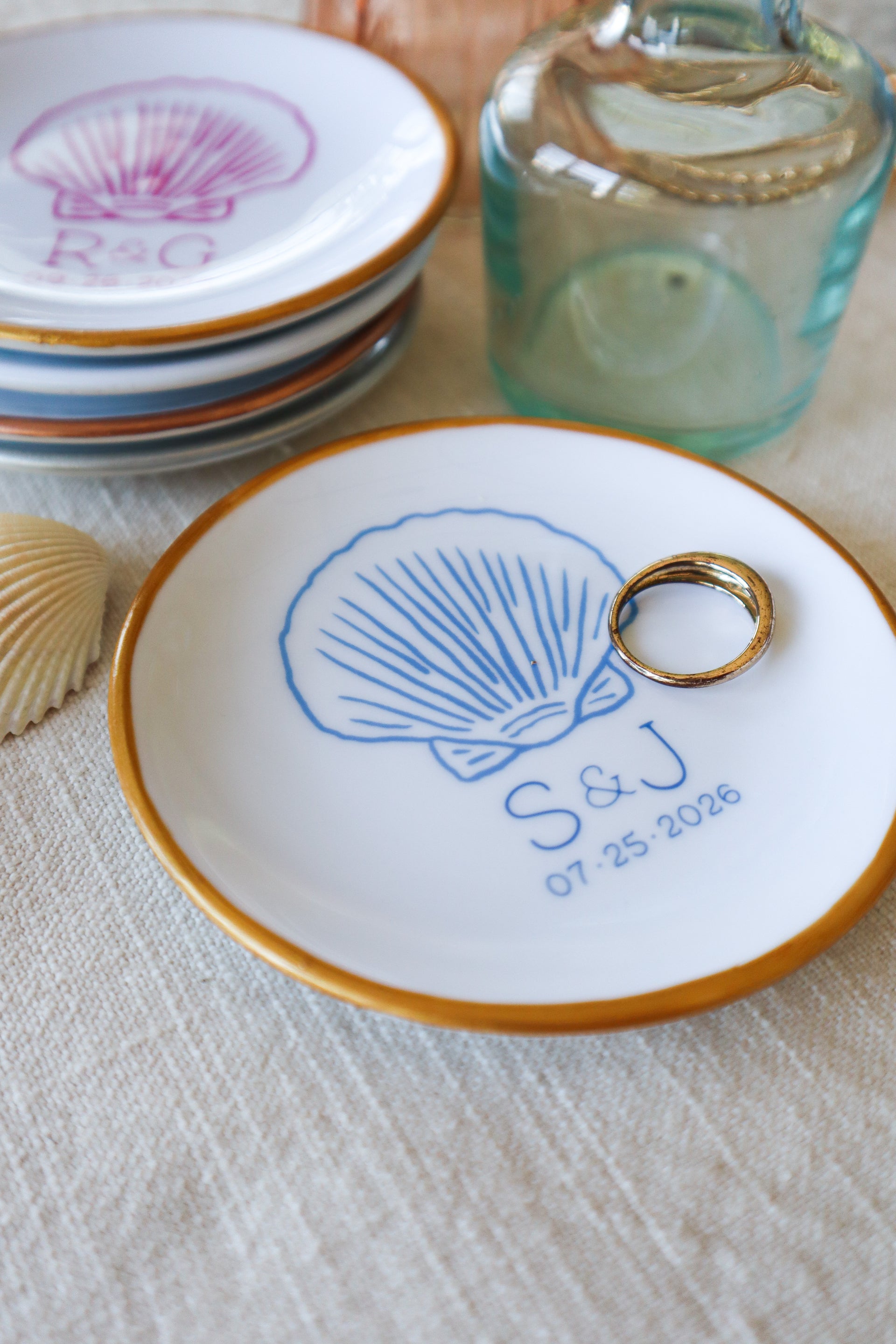 Personalized Nantucket Seashell Ceramic Ring Dish, Coastal Wedding Jewelry Holder