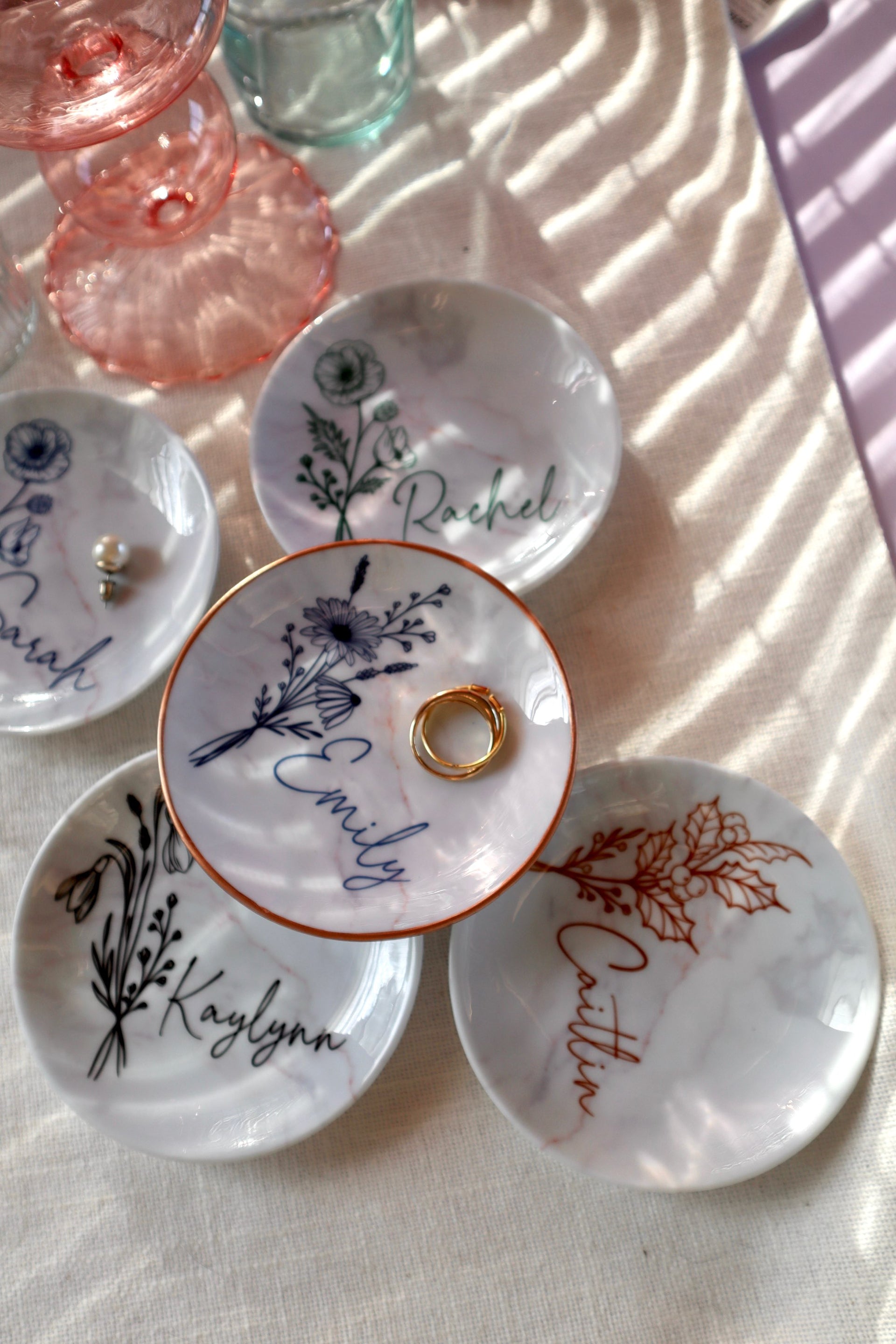 Personalized Birth Flower Ceramic Ring Dish, Custom Jewelry Holder for Bridesmaid or Best Friend