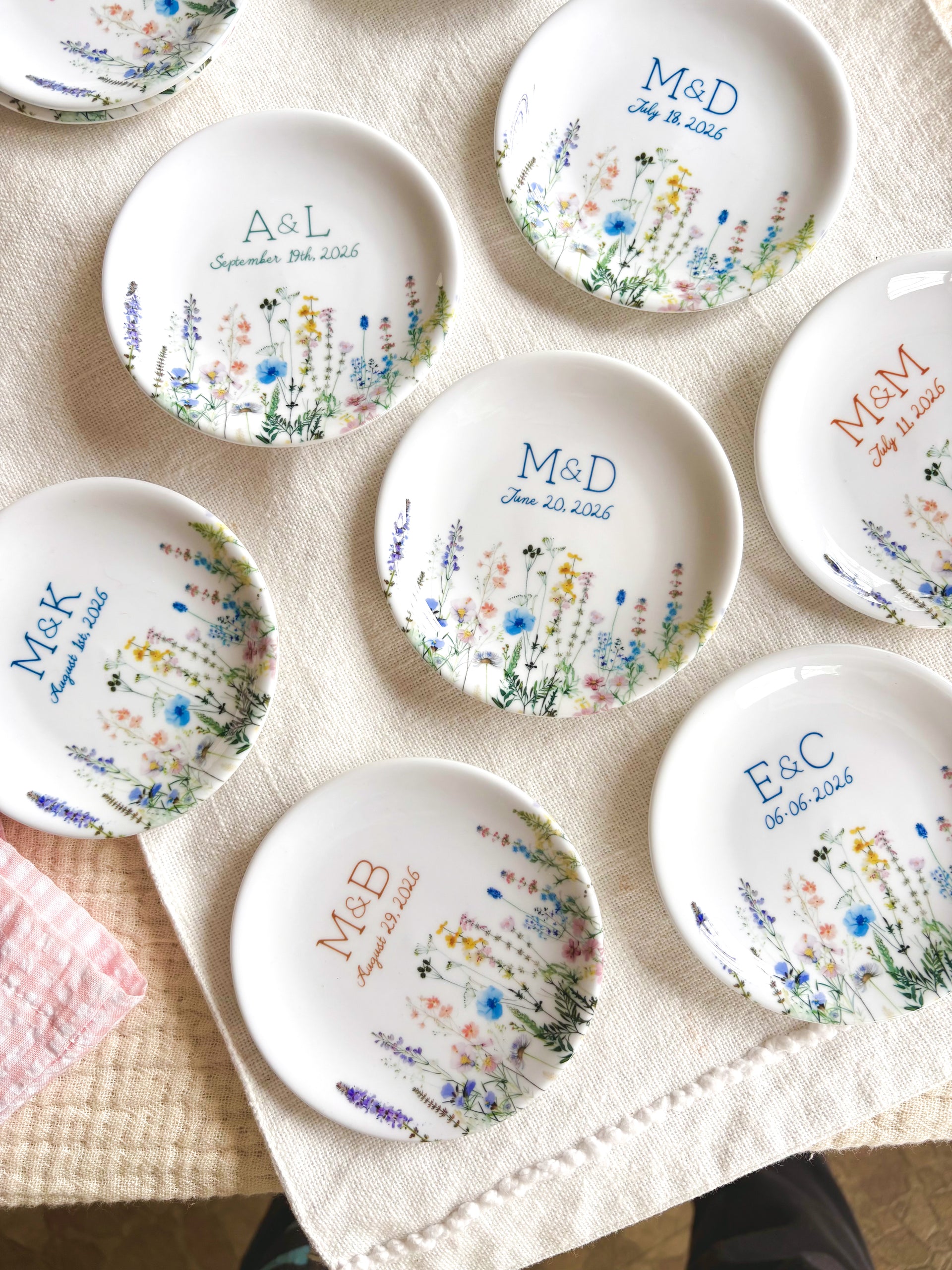 Personalized Wedding Jewelry Dish, Custom Wildflower Ring Holder With Initials and Date for Couple