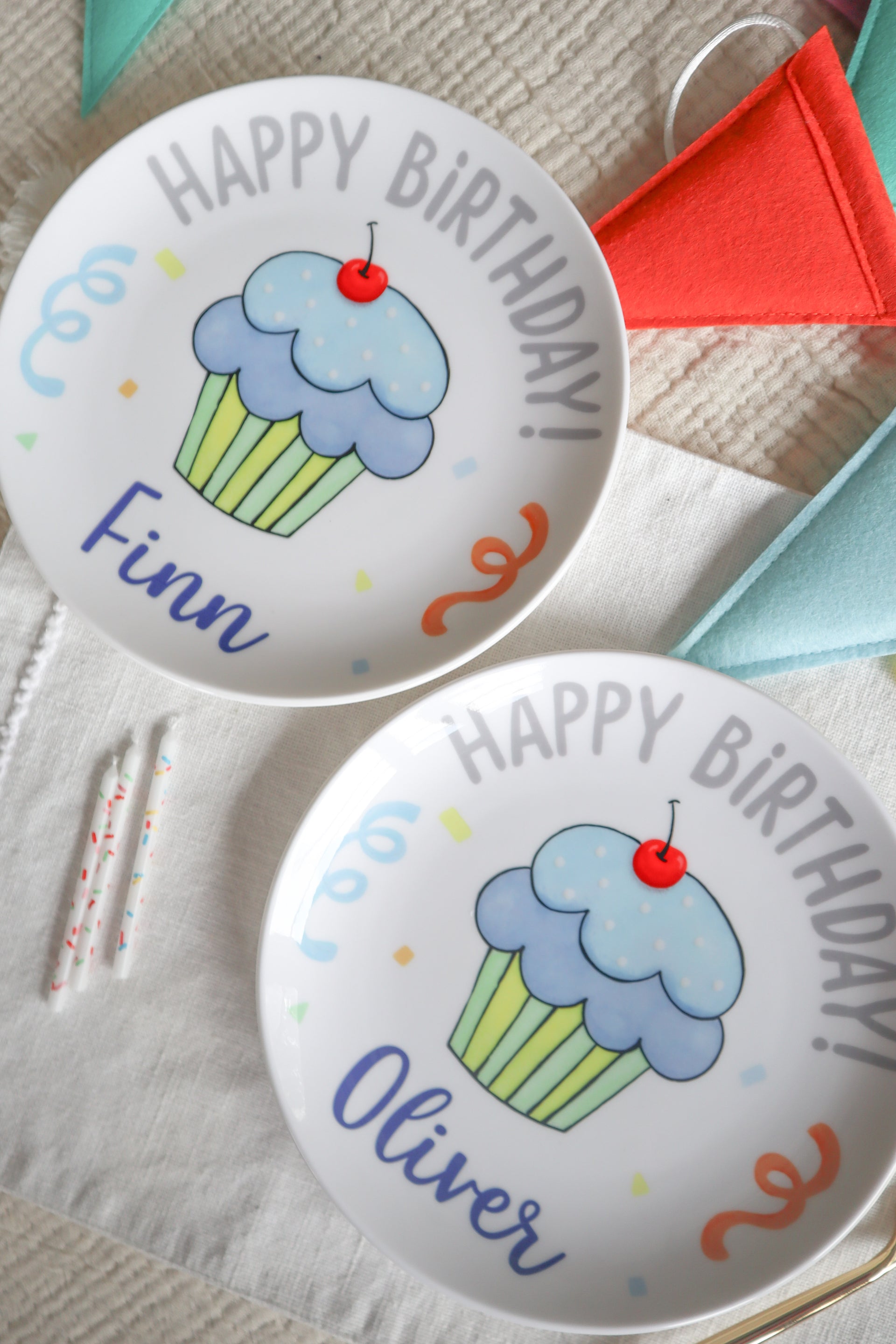 Personalized Birthday Plate - Blue Confetti Cupcake, Ceramic 1st Birthday Gift