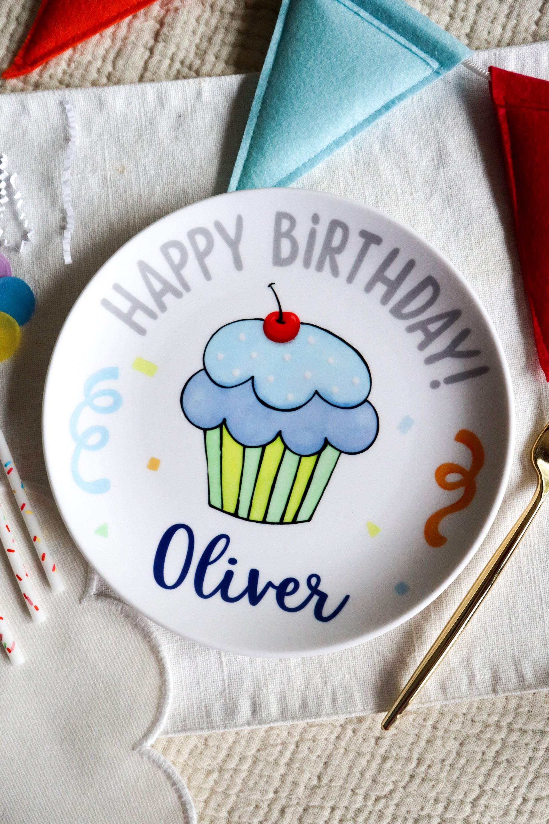 Custom ceramic plate with Happy Birthday, name, blue cupcake
