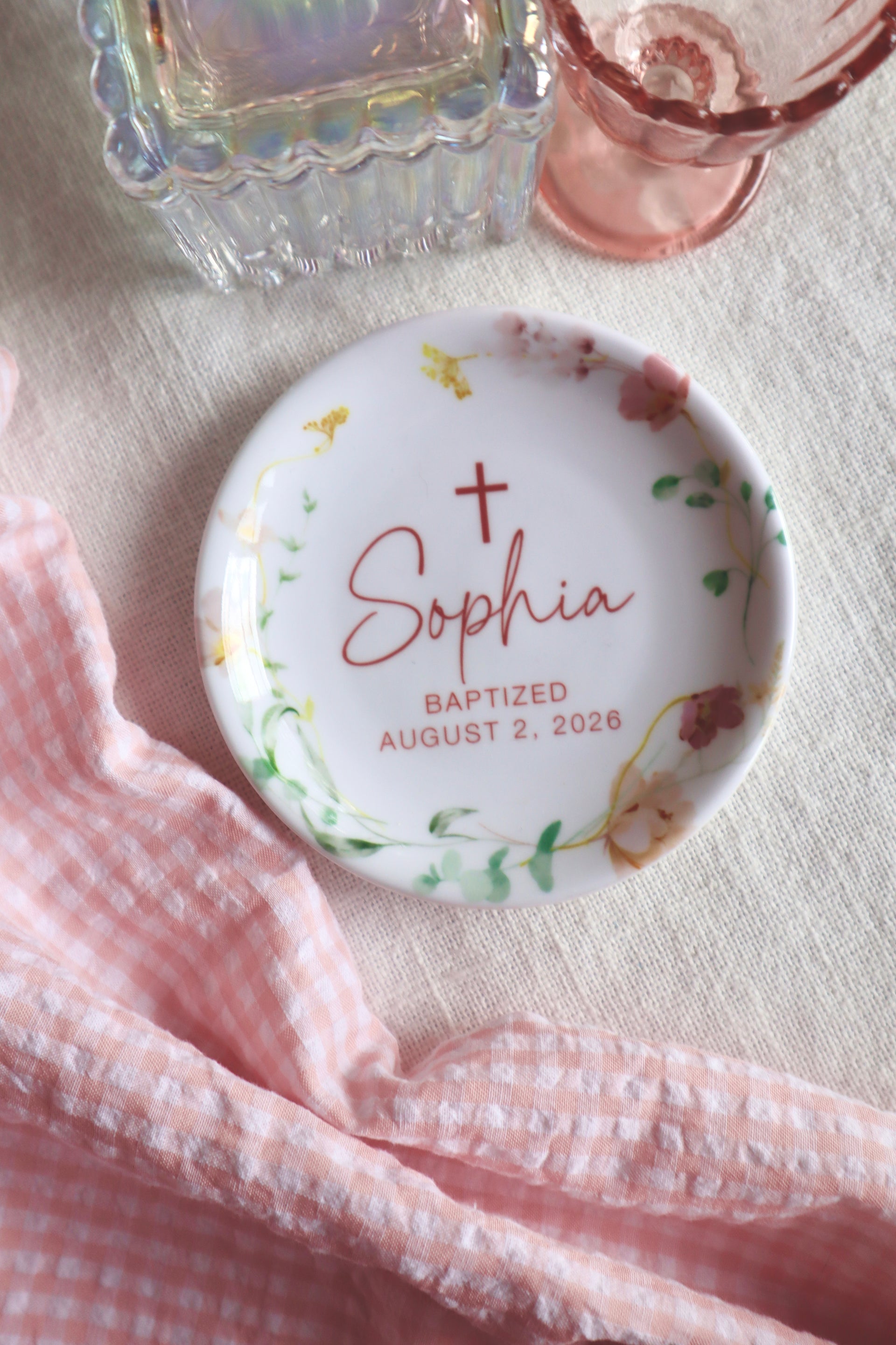 Custom Baptism Ring Dish, Personalized Christening Gift for Girls, Ceramic Blessing Keepsake, Baby Dedication Trinket Bowl, First Communion Gift, Goddaughter Gift from Godmother