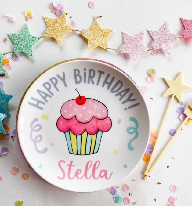 Personalized Birthday Plate for Girl, Pink Cupcake and Confetti , First Birthday Gift