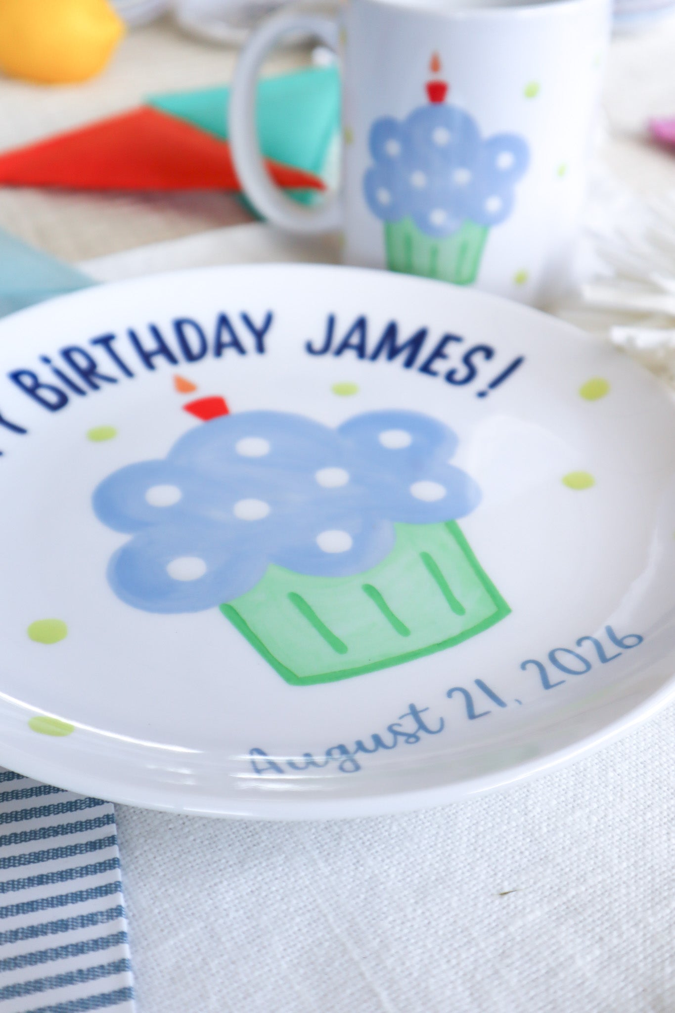 Personalized Ceramic Birthday plate and matching mug, Ceramic with a light blue upcake and yellow polkadots, Hand painted