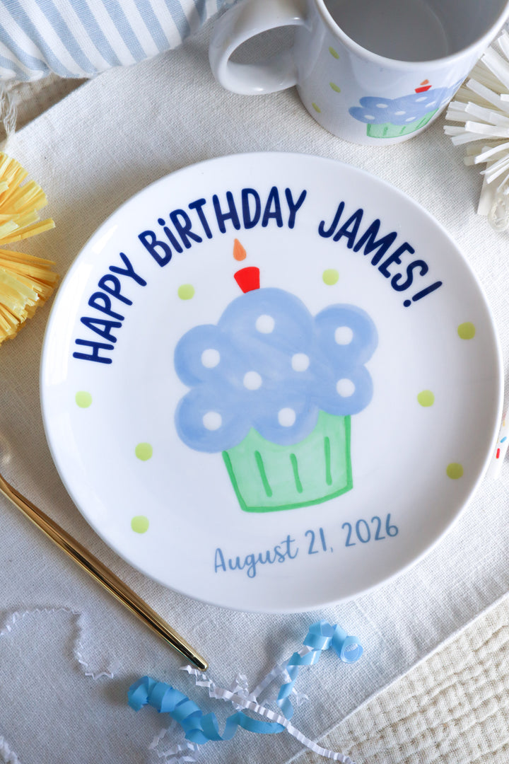 Personalized First Birthday Cupcake Plate Set, Ceramic handmade plate and matching mug, Blue handpainted cupcake for boys