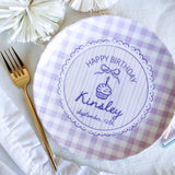 Lavender Gingham Personalized Birthday Plate and Mug set, Pink Cupcake and Bow