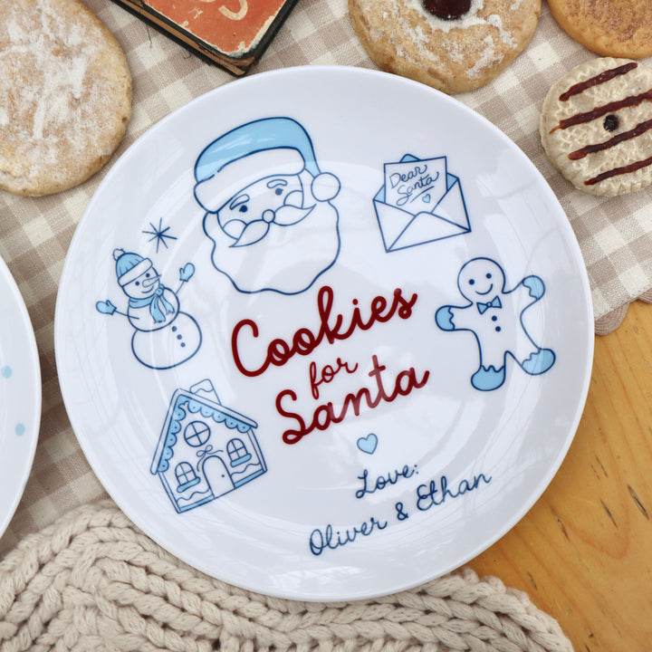 Blue and maroon Cookies for Santa plate. Gingerbread man, letter to Santa, snowman, gingerbread house hand drawn images on ceramic plate