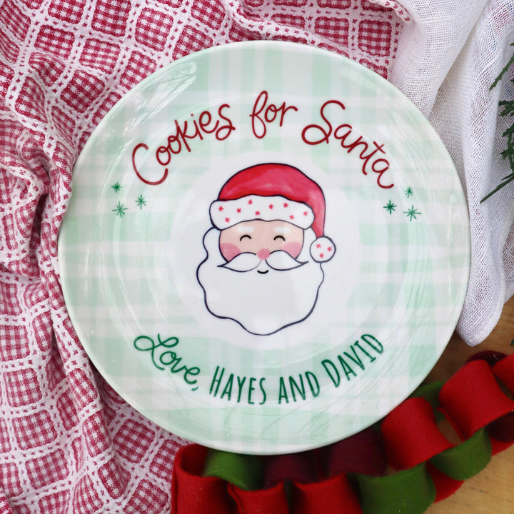Cookies for Santa ceramic plate. Green plaid around edge. Personalized with names on bottom rim