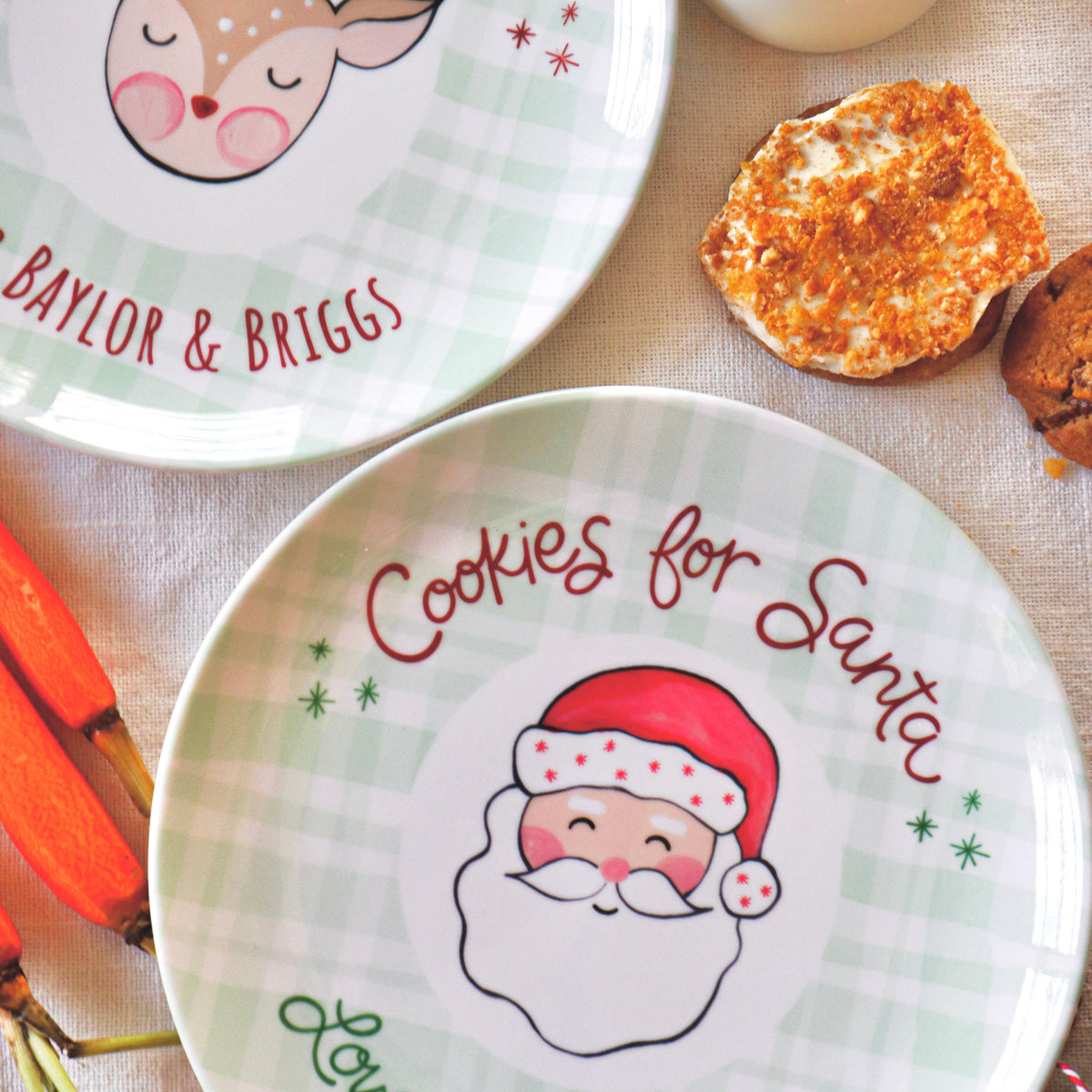 Personalized ookies for santa ceramic plate for christmas eve. santa face in center of plate. matching treats for reindeer plate