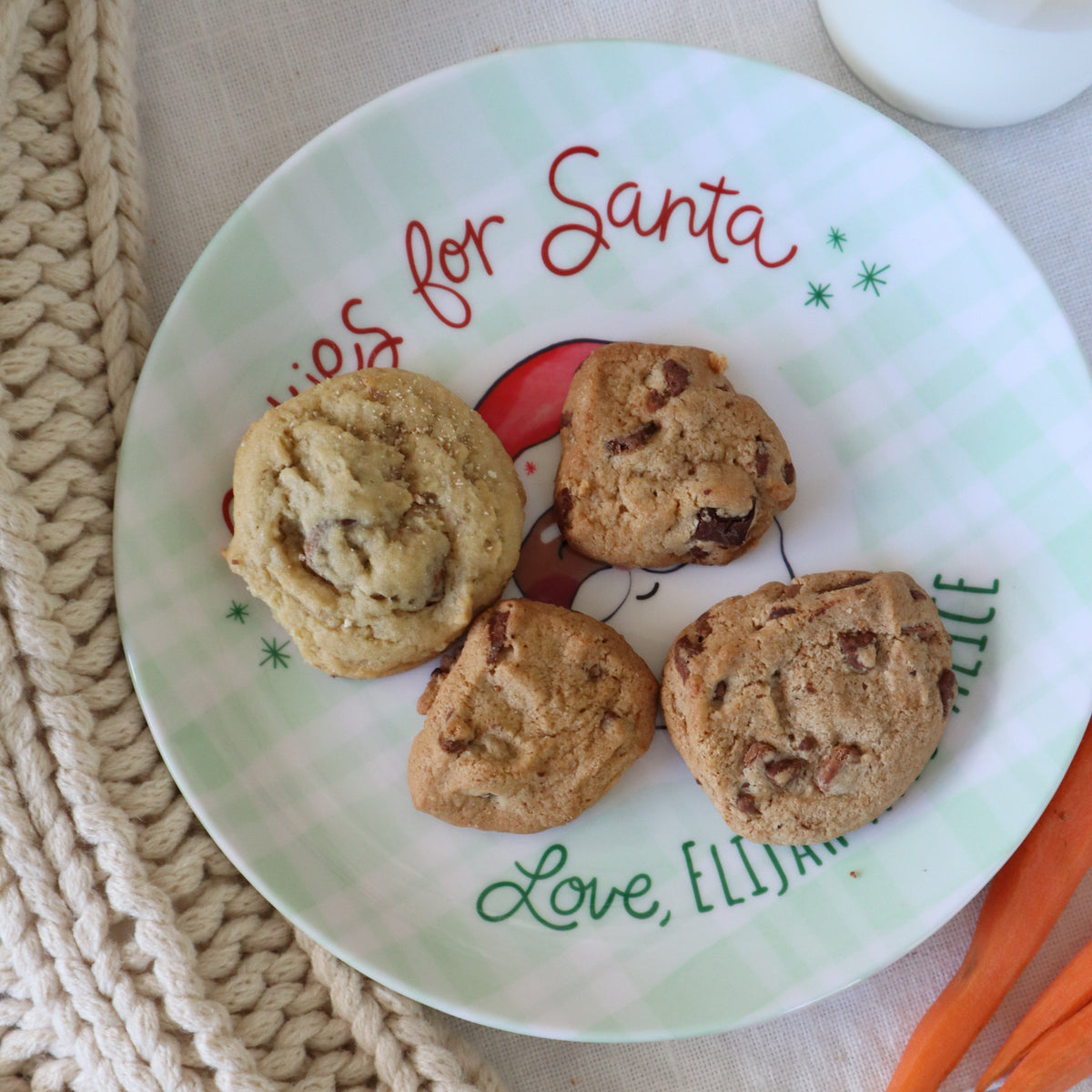 Cookies for Santa plate with green gingham pattern and red and green. Personalized names, Santa head in middle of plate.
