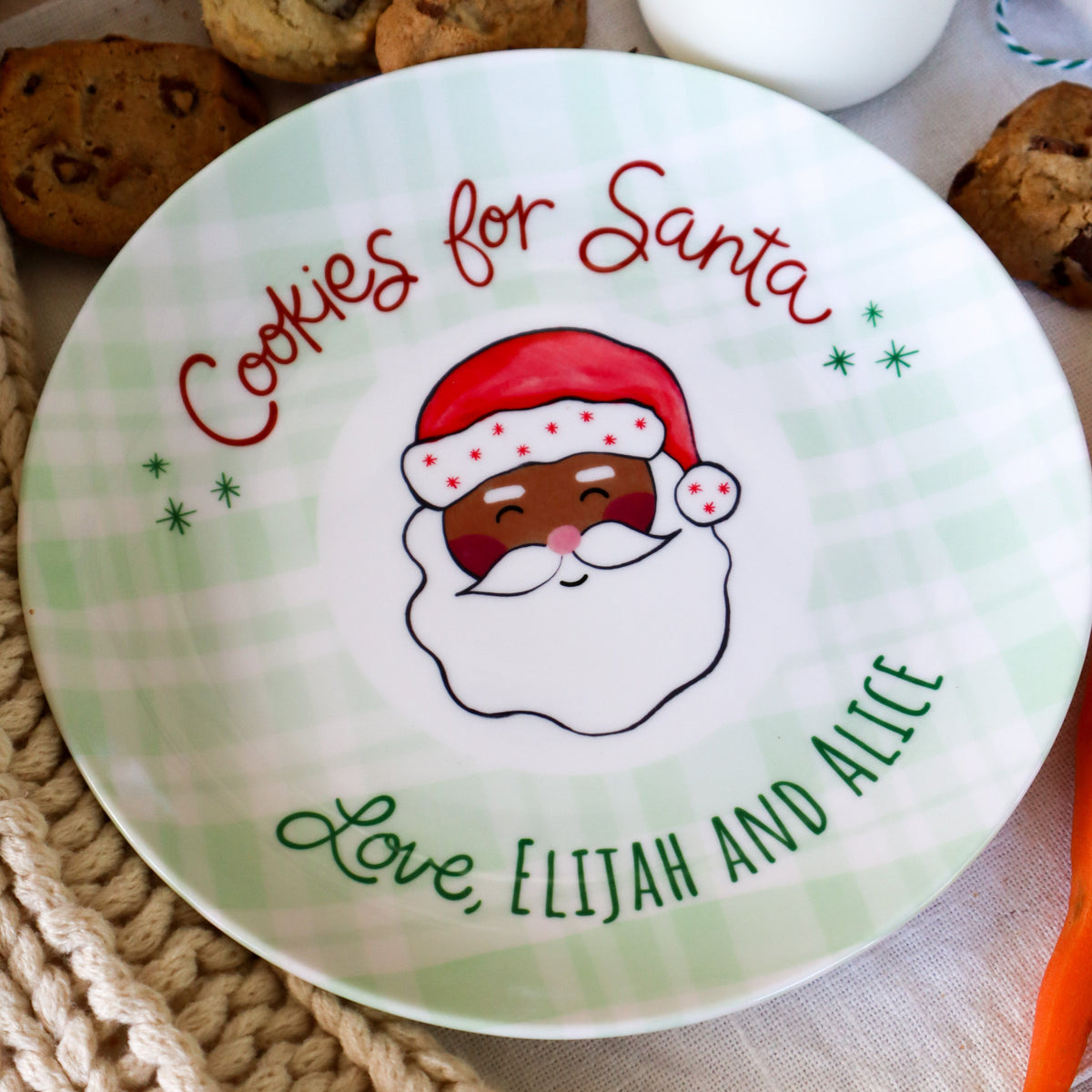 Brown cookies for santa plate, personalized with names. green plaid around rim, santa in center