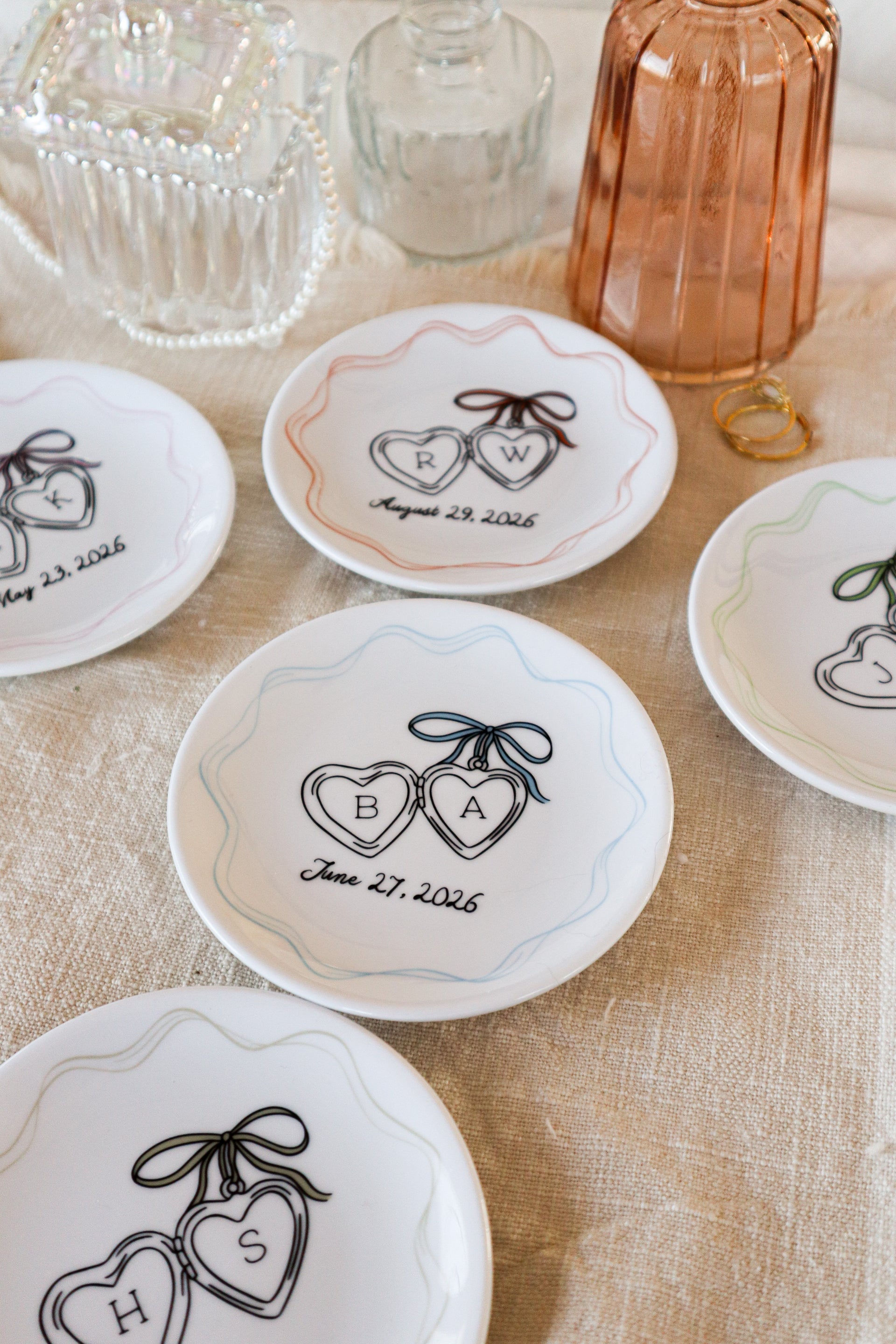 Personalized Locket with Bow Ring Dish, Handmade Ceramic Wedding Engagement Gift