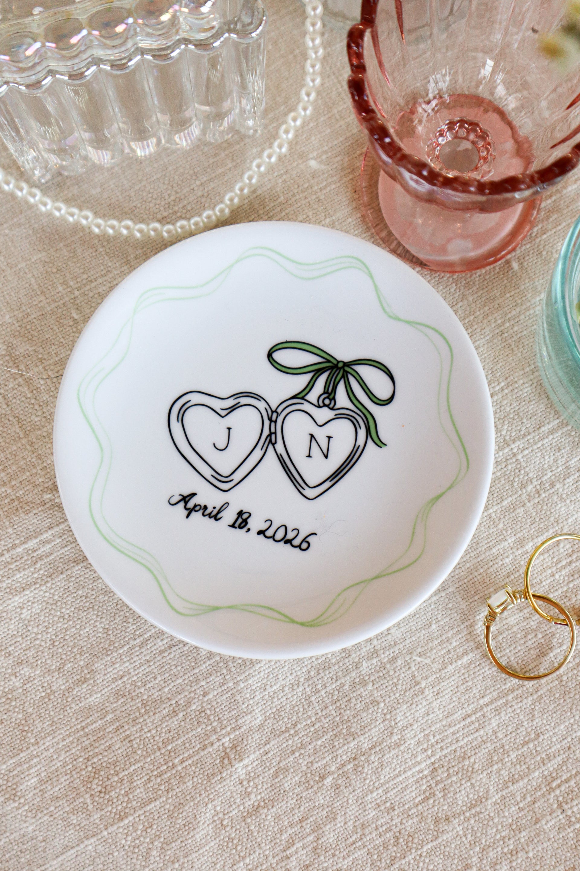 Personalized Locket with Bow Ring Dish, Handmade Ceramic Wedding Engagement Gift