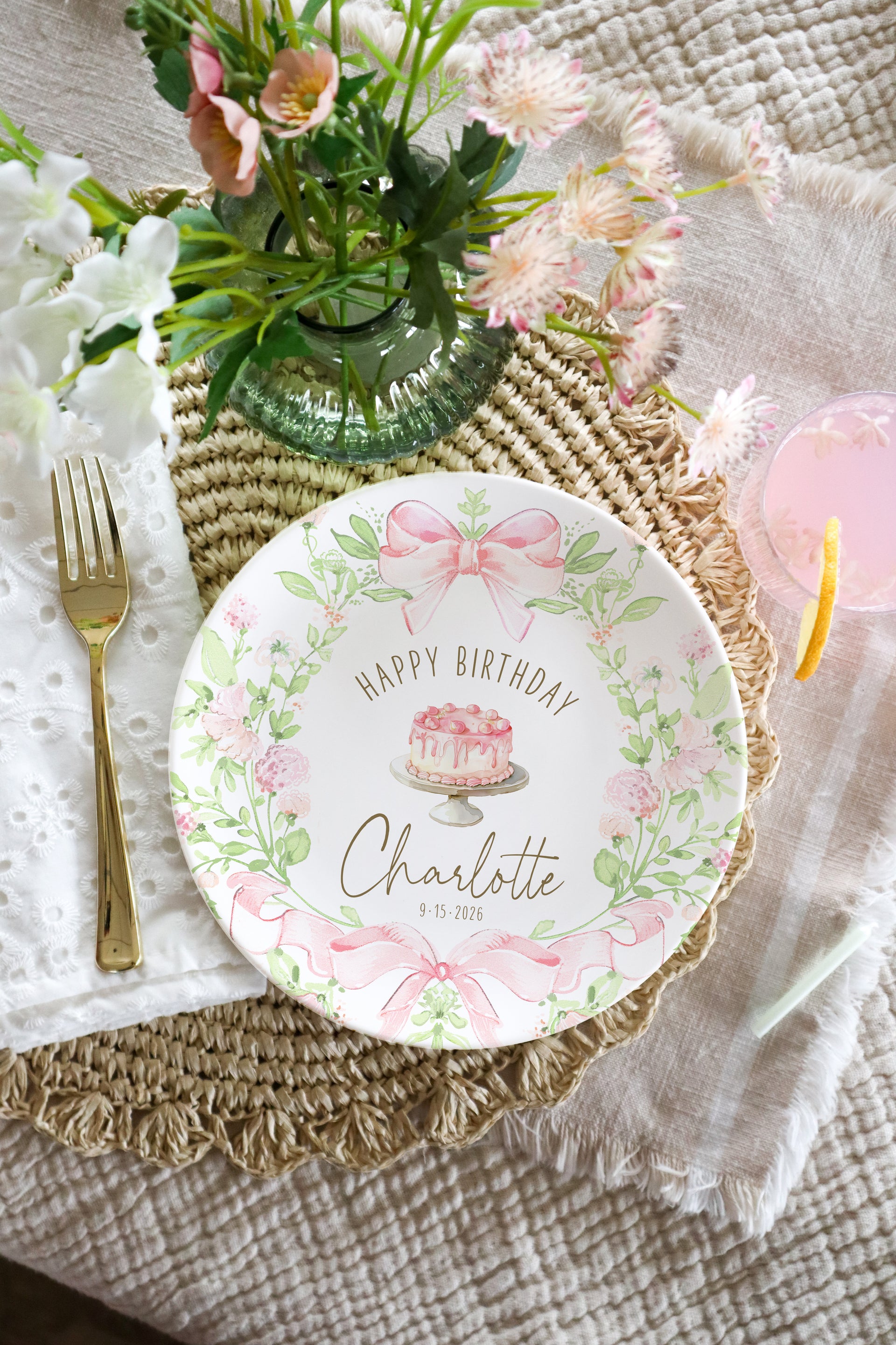 Personalized Pink Bow Birthday Plate, Floral Ceramic Keepsake