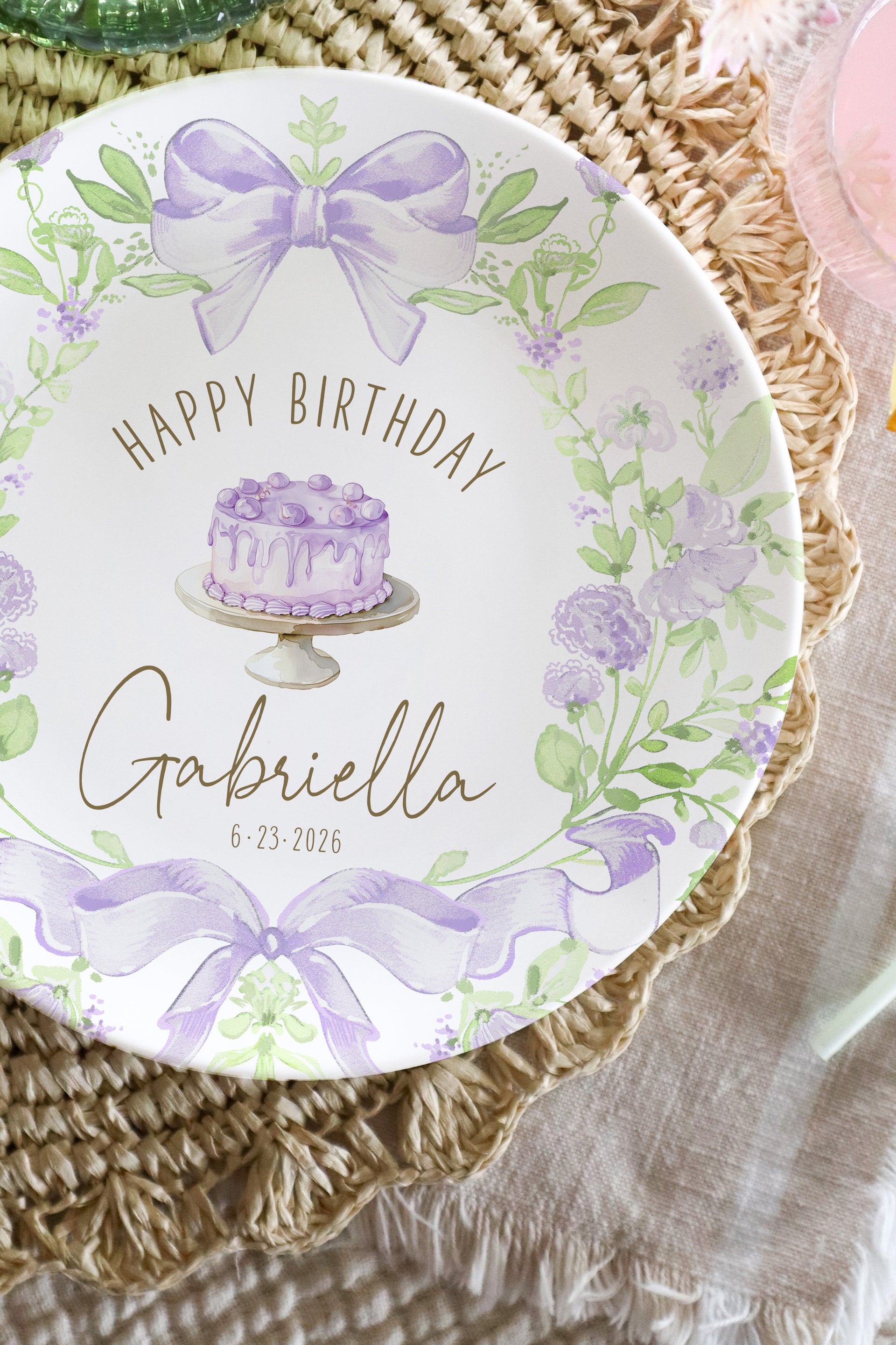Personalized Pink Bow Birthday Plate, Floral Ceramic Keepsake