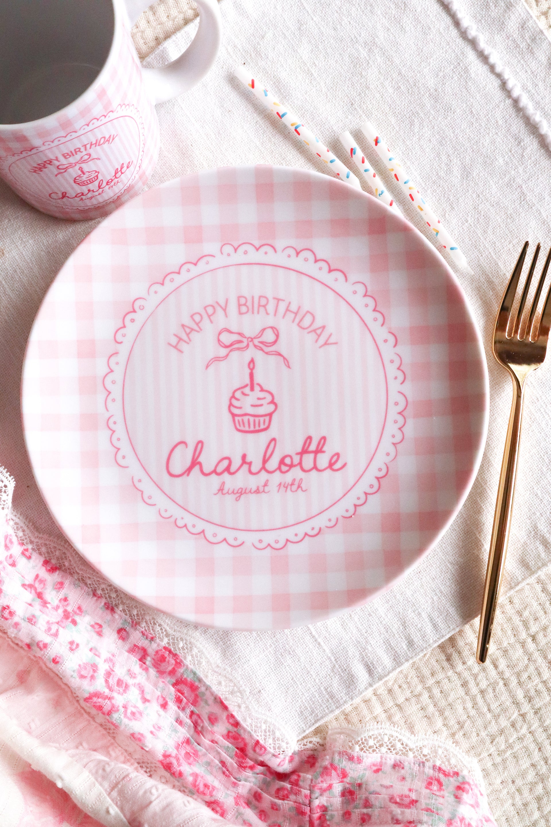 Pink Gingham Personalized Birthday Plate