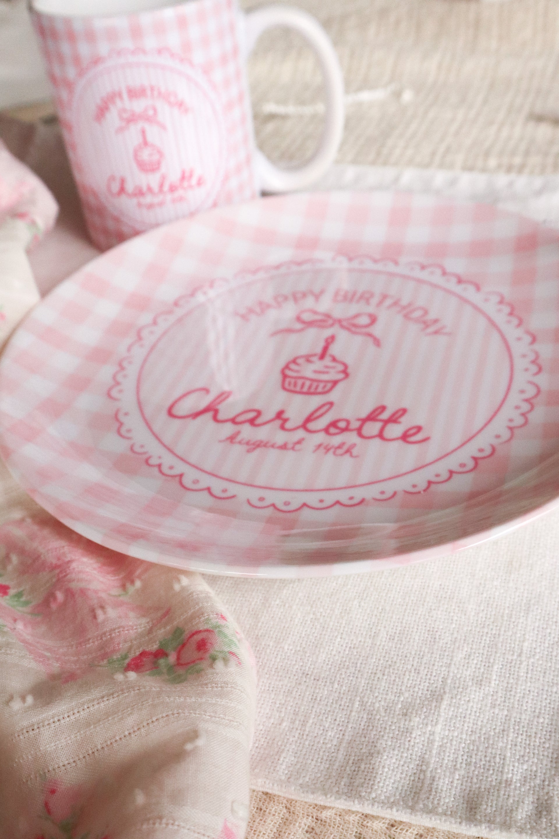 Pink Gingham Personalized Birthday Plate