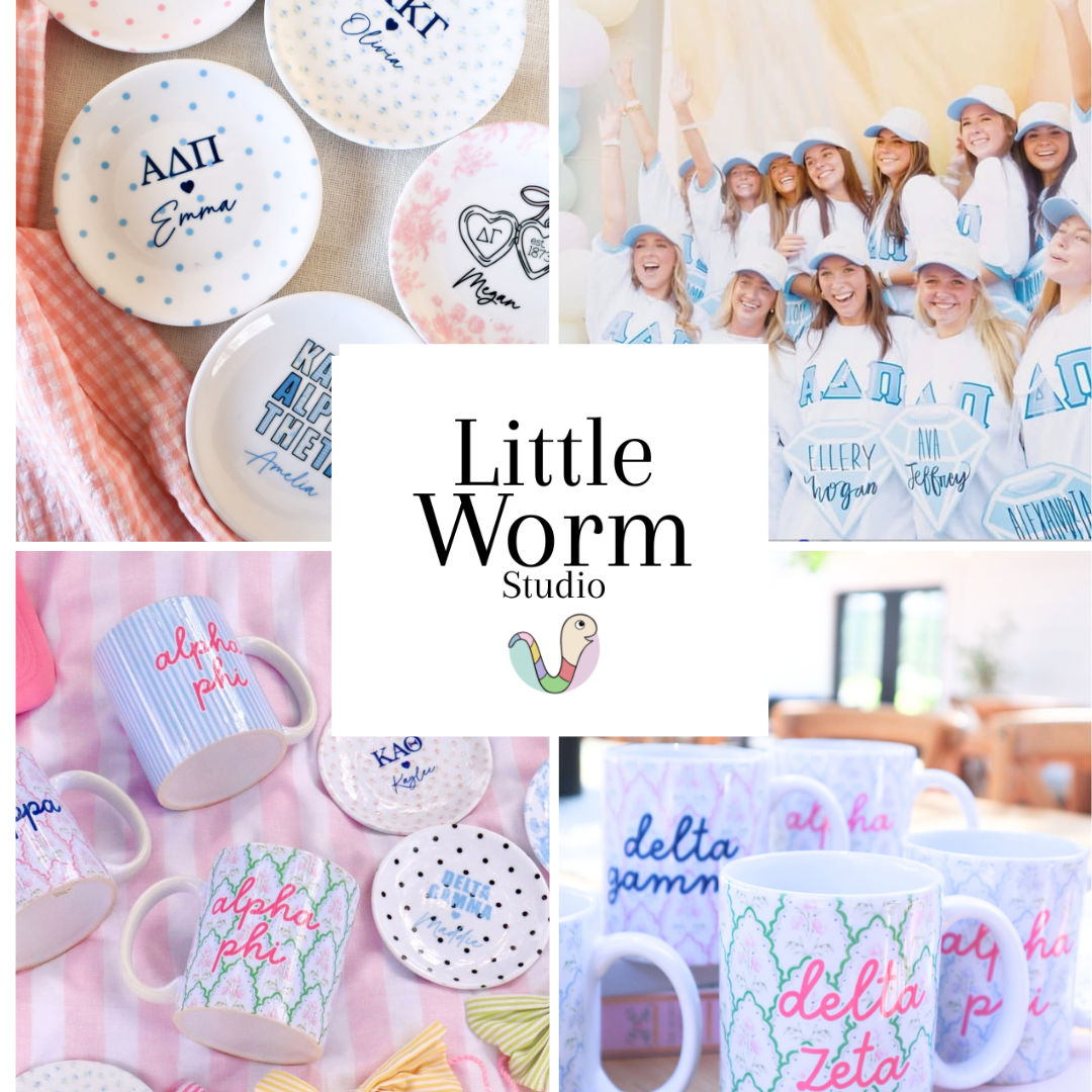 A collage of personalized sorority ring dishes and mugs. Little Worm Studio logo in center