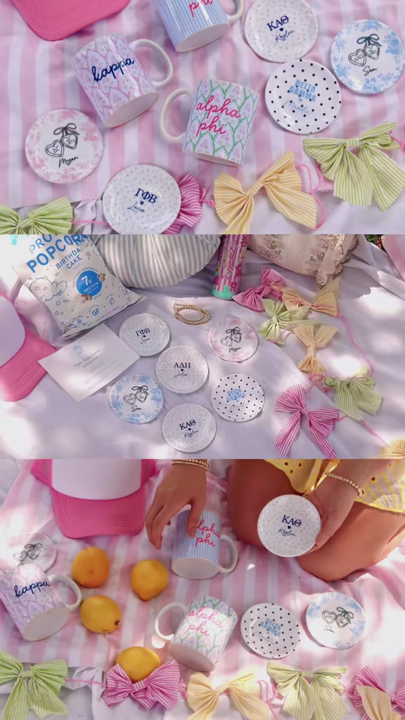 Sorority video of personalized greek merch. Personalized mugs amd ring dishes